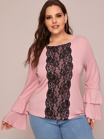 Plus Contrast Lace Overlay Flounce Sleeve Tee