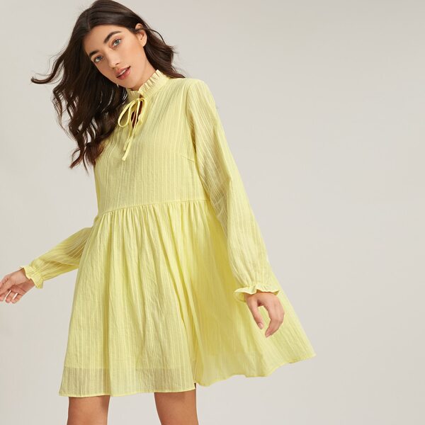 

Tie Frilled Neck Smock Dress, Yellow pastel