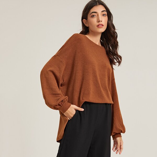

Lantern Sleeve Oversized Pullover, Brown