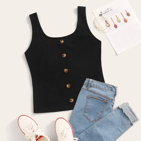 

Plus Button Front Rib-knit Tank Top, Black