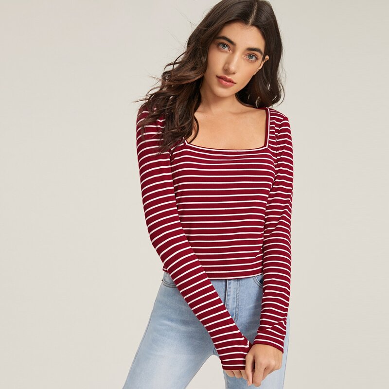 

Square Neck Striped Tee, Burgundy
