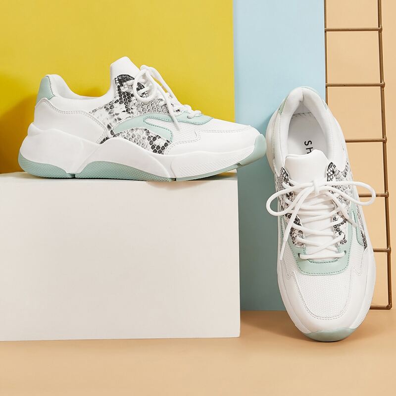 

Contrast Snakeskin Print Chunky Sneakers, White