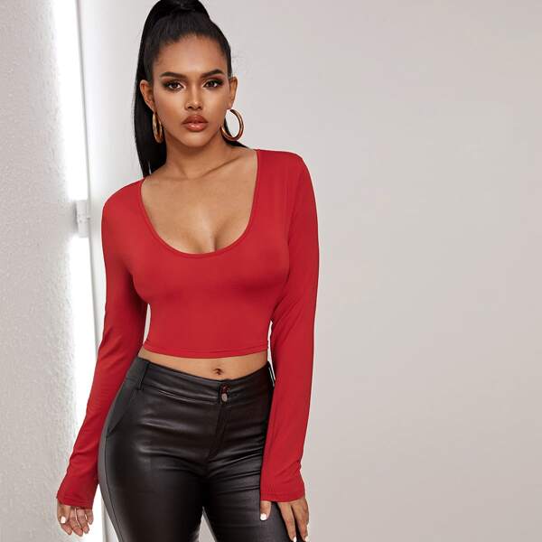 

Scoop Neck Crop Slim Top, Burgundy