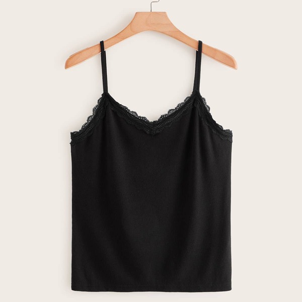 

Plus Lace Trim Rib-knit Cami Top, Black