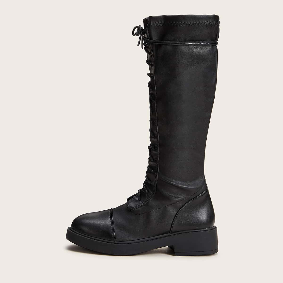 

Lace-up Front Knee High Boots, Black