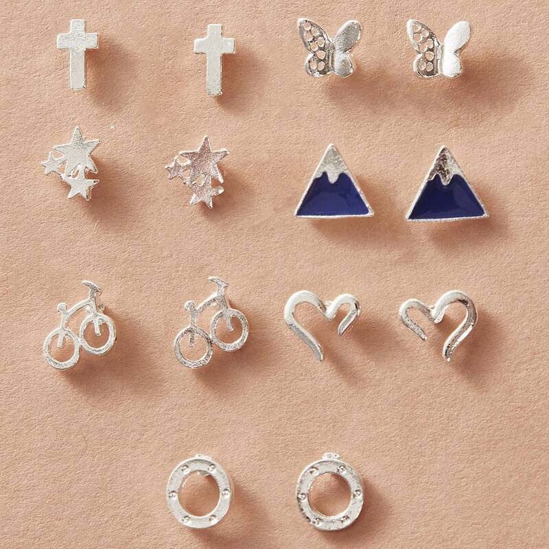 

7pairs Cross & Butterfly Decor Stud Earrings, Silver