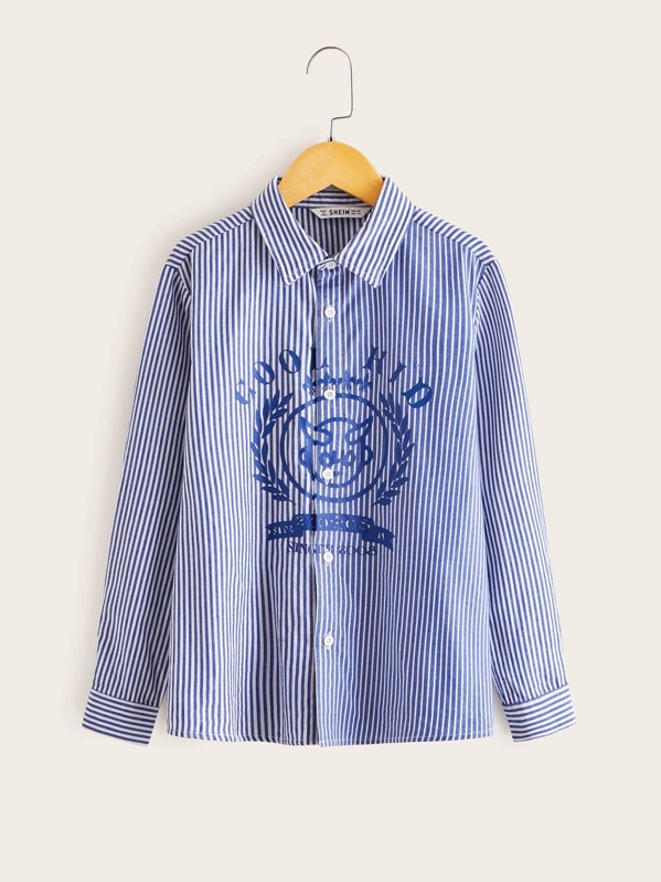 

Boys Slogan Graphic Striped Shirt, Blue