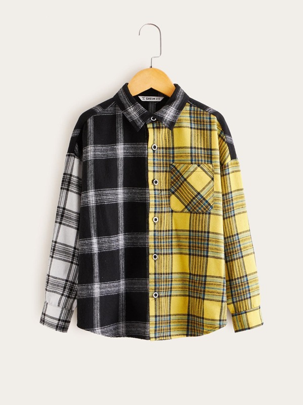 

Boys Pocket Patched Color Block Plaid Shirt, Multicolor