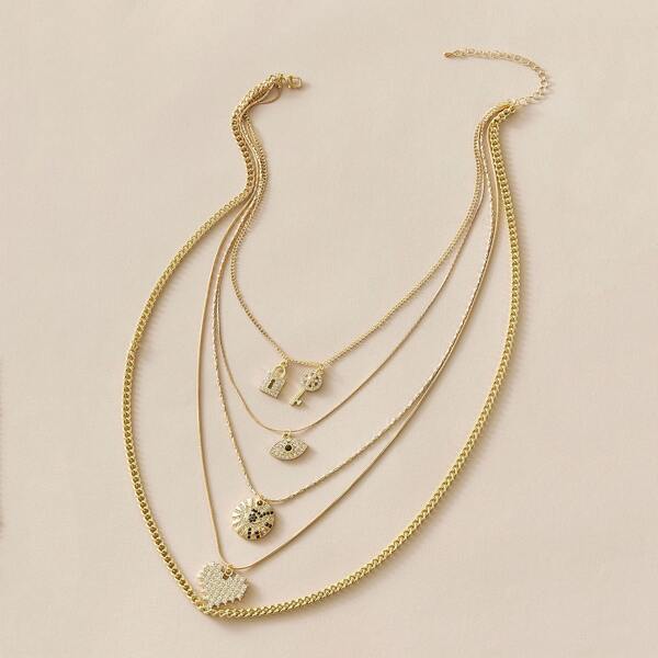 

1pc Rhinestone Engraved Eye & Heart Charm Layered Necklace, Gold
