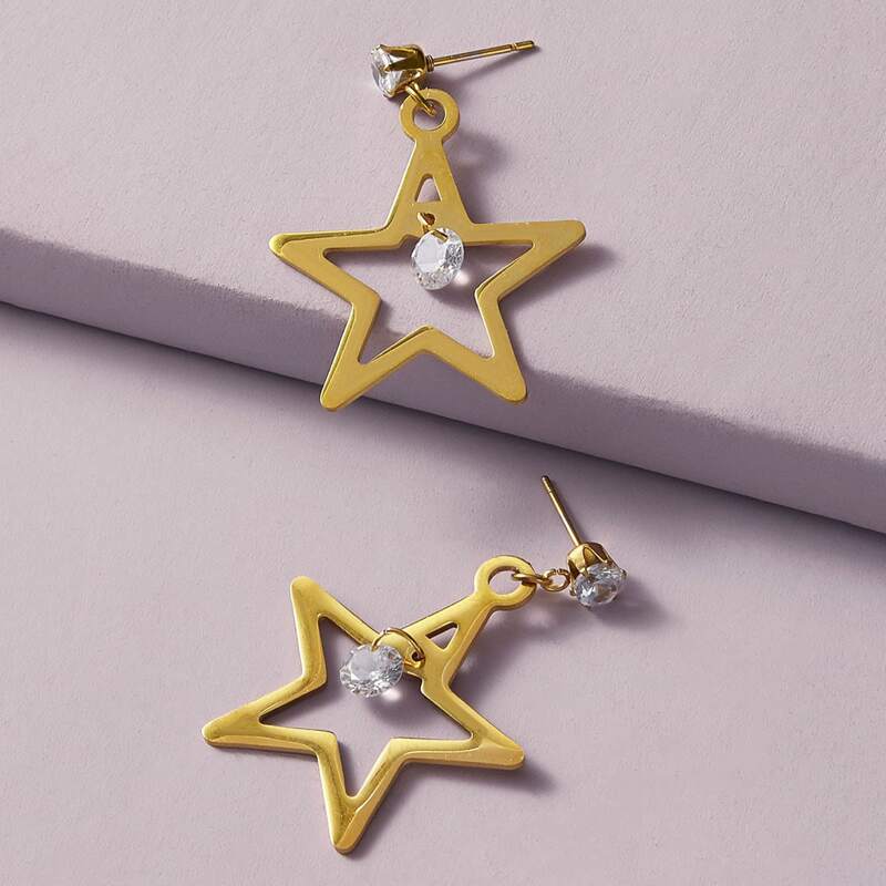 

1pair Rhinestone Decor Star Drop Earrings, Gold