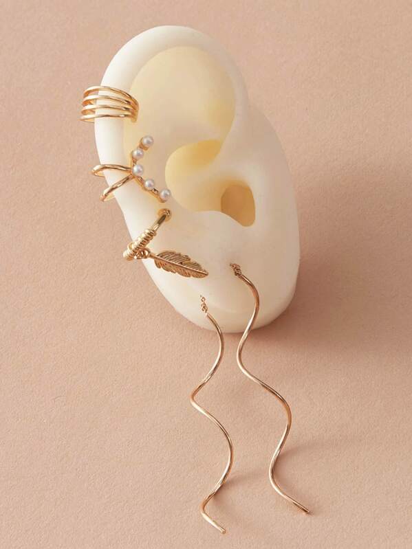

5pcs Leaf & Faux Pearl Decor Earrings, Gold