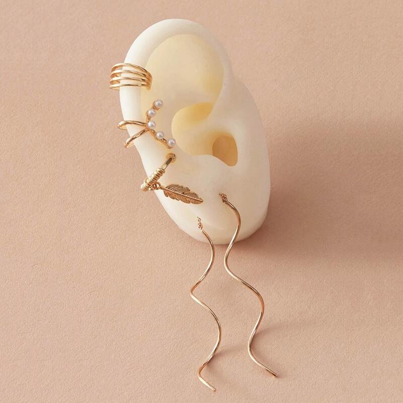 

5pcs Leaf & Faux Pearl Decor Earrings, Gold