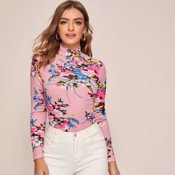 

Stand Collar Botanical Print Tee, Pink