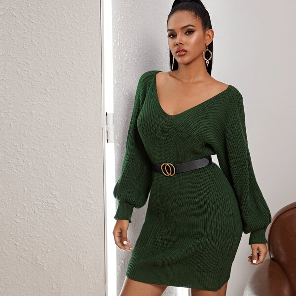 

Double V-neck Lantern Sleeve Sweater Dress Without Belt, Green