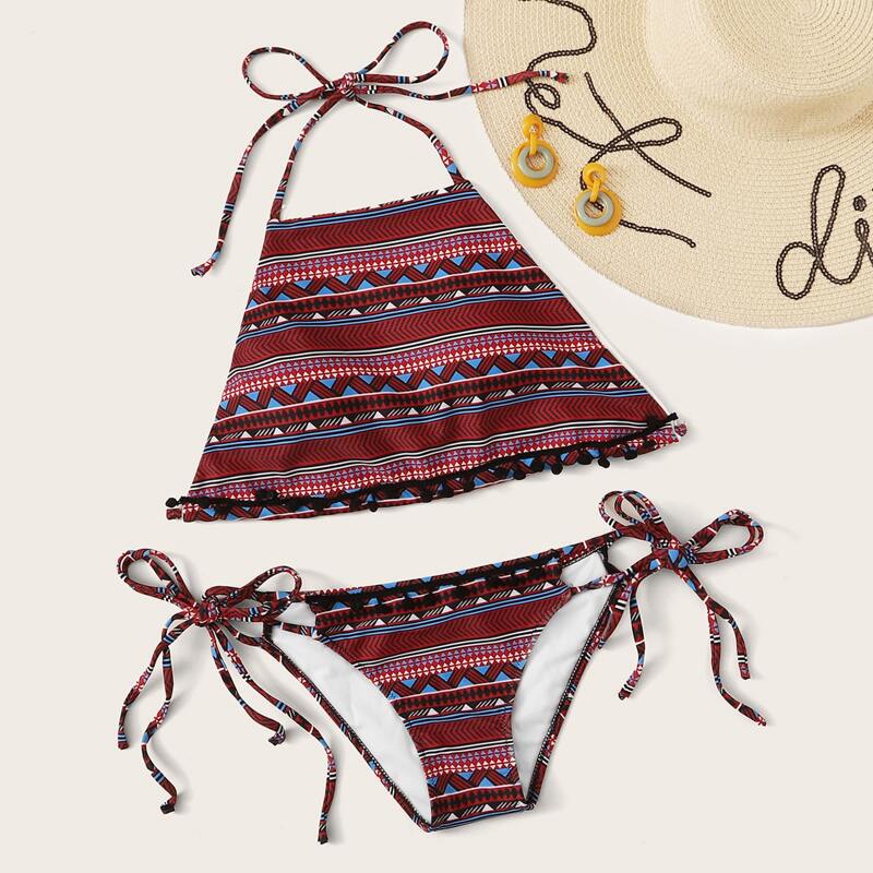 

Tribal Print Halter Top With Tie Side Bikini Set, Multicolor