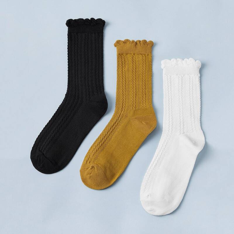 

3pairs Solid Braided Socks, Multicolor