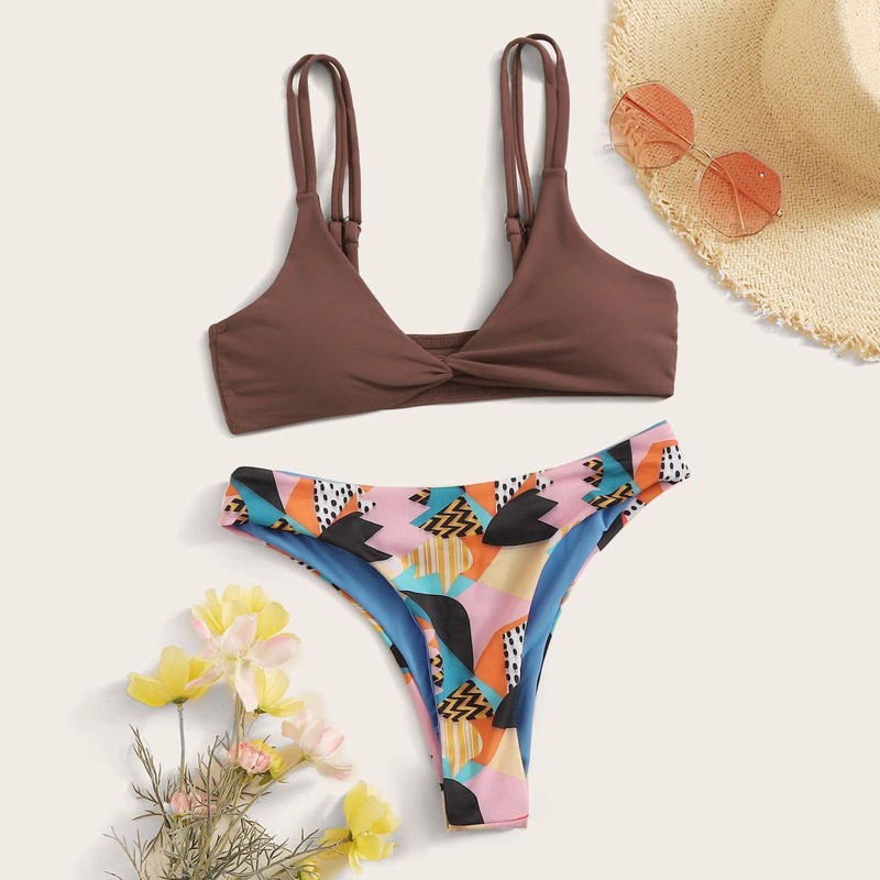 

Twist Top With Geometric Print Bikini Set, Multicolor