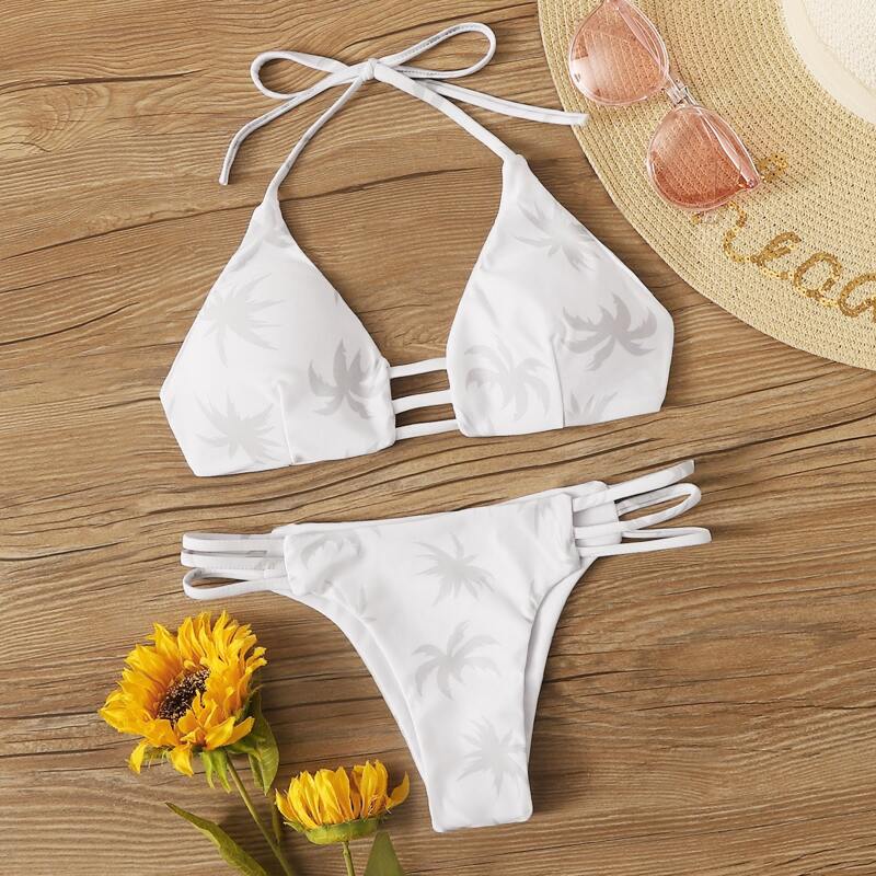 

Ladder Cutout Coconut Tree Print Bikini Swimsuit, White