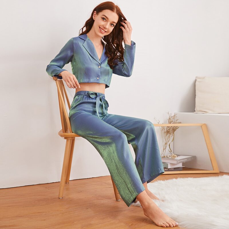 

Button Front Tie Front Satin PJ Set, Blue
