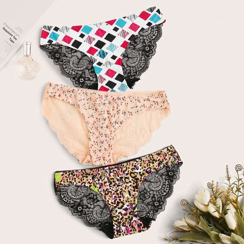 

3pack Ditsy Floral & Geometric Print Lace Panty Set, Multicolor