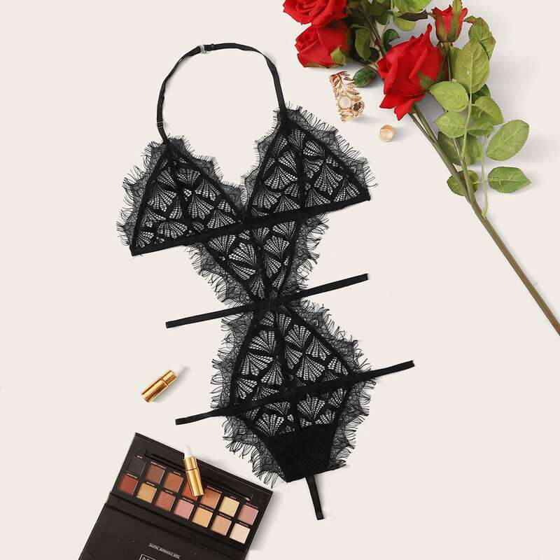 

Backless Eyelash Lace Harness Teddy Bodysuit, Black