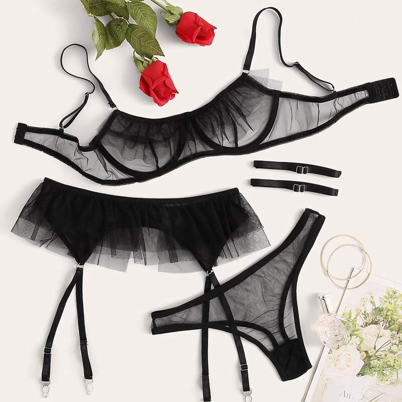 

Ruffle Hem Garter Sheer Lingerie Set, Black