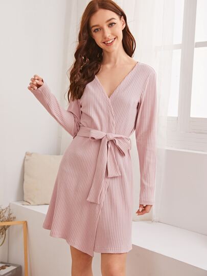 Rib Solid Belted Robe