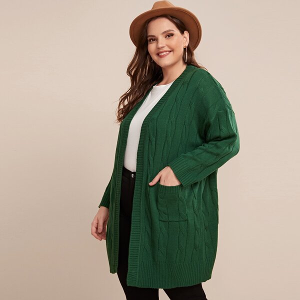 

Plus Drop Shoulder Pocket Front Cable Knit Cardigan, Green