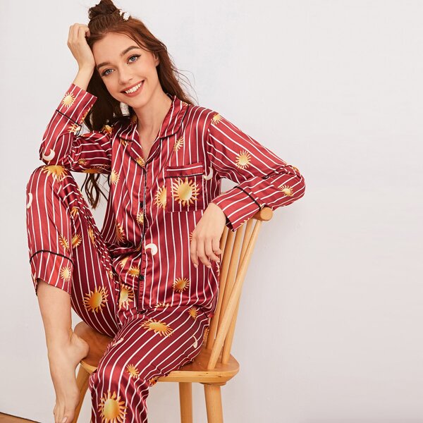 

Striped & Galaxy Print Satin PJ Set, Burgundy