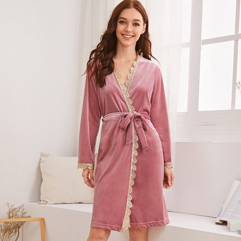 

Contrast Lace Belted Velvet Robe, Pink