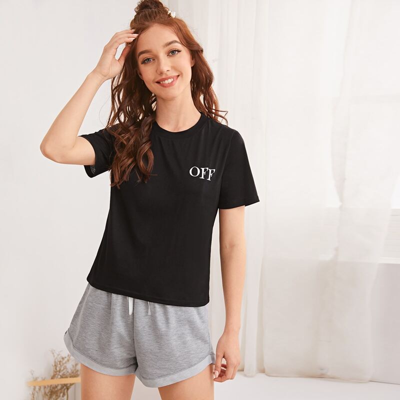 

Letter Graphic Top With Tie Front Shorts PJ Set, Multicolor