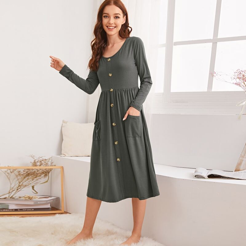 

Button Front Pocket Detail Night Dress, Grey