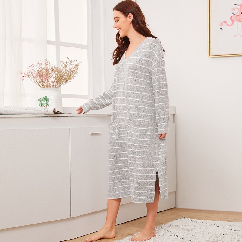 

Striped Split Side Pocket Detail Night Dress, Grey
