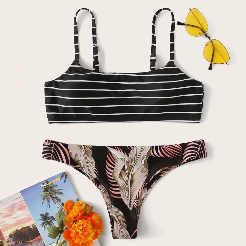 

Striped & Palm Random Print Bikini Set, Multicolor