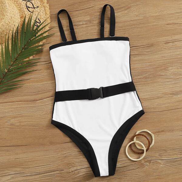 

Release Buckle Contrast Binding One Piece Swimwear, Black and white