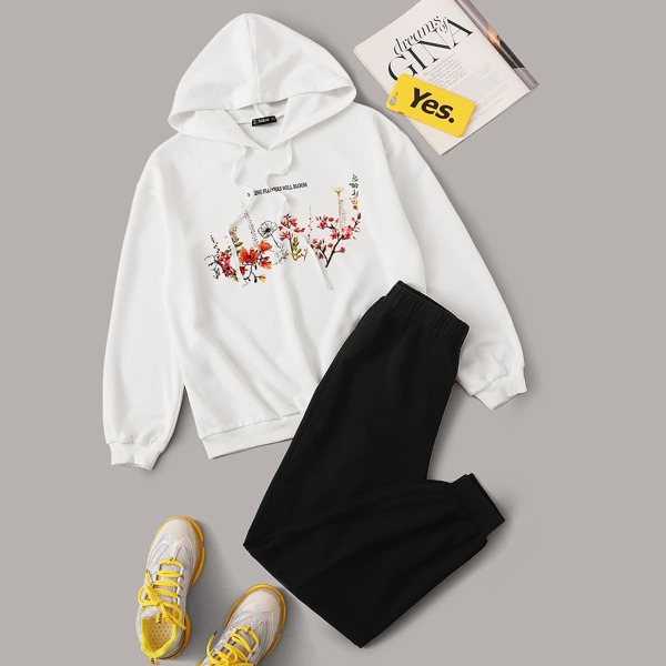 

Drawstring Detail Plants Print Hoodie & Sweatpants Set, Black and white