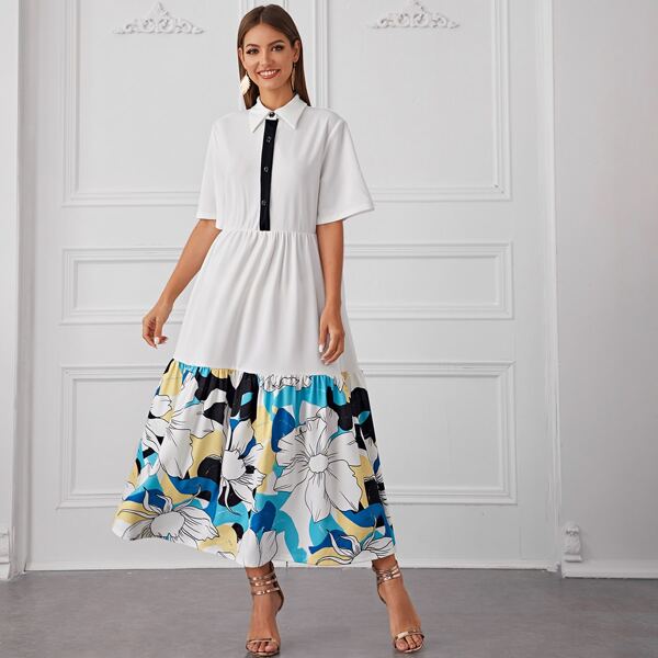 

Button Half Placket Layered Floral Print Dress, White