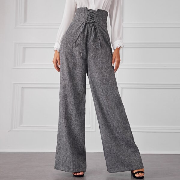 

Lace Up Corset Waist Super Palazzo Pants, Grey