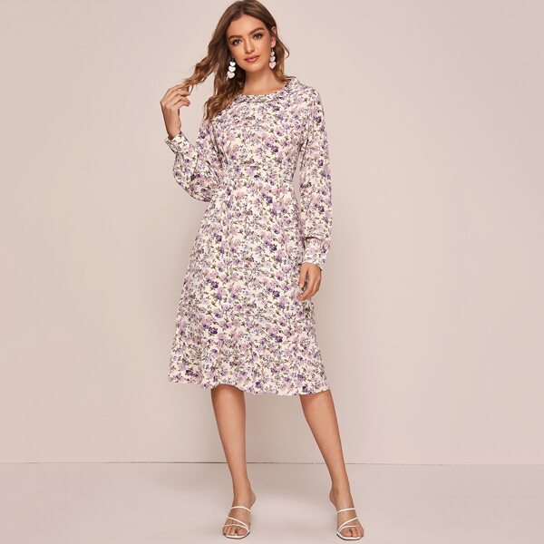 

Floral Print Flounce Hem Dress Without Belt, Multicolor