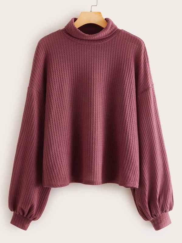 

Turtle Neck Drop Shoulder Balloon Sleeve Textured Knit Top, Nude
