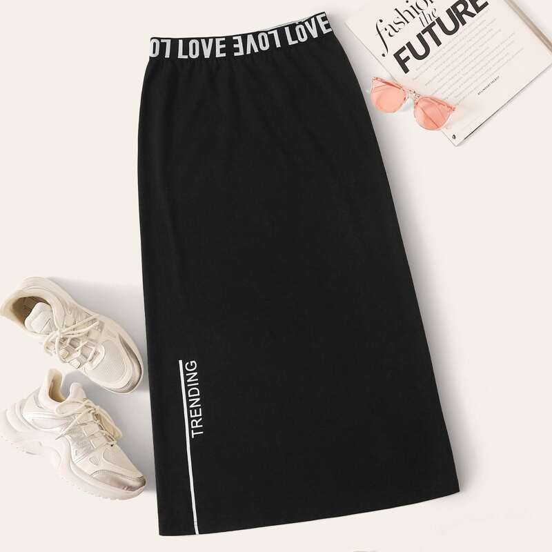 

Letter Tape Waist Pencil Skirt, Black