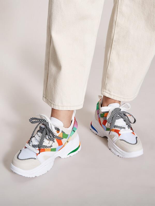 Stitch Detail Lace-up Front Chunky Sneakers, White