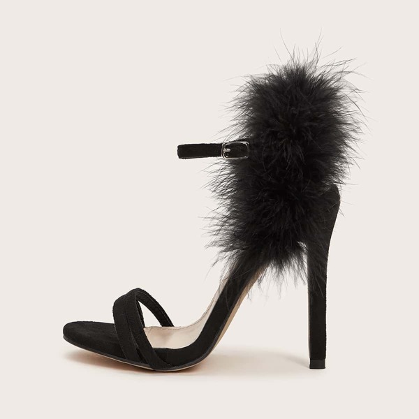 

Ankle Strap Faux Fur Decor Stiletto Heels, Black