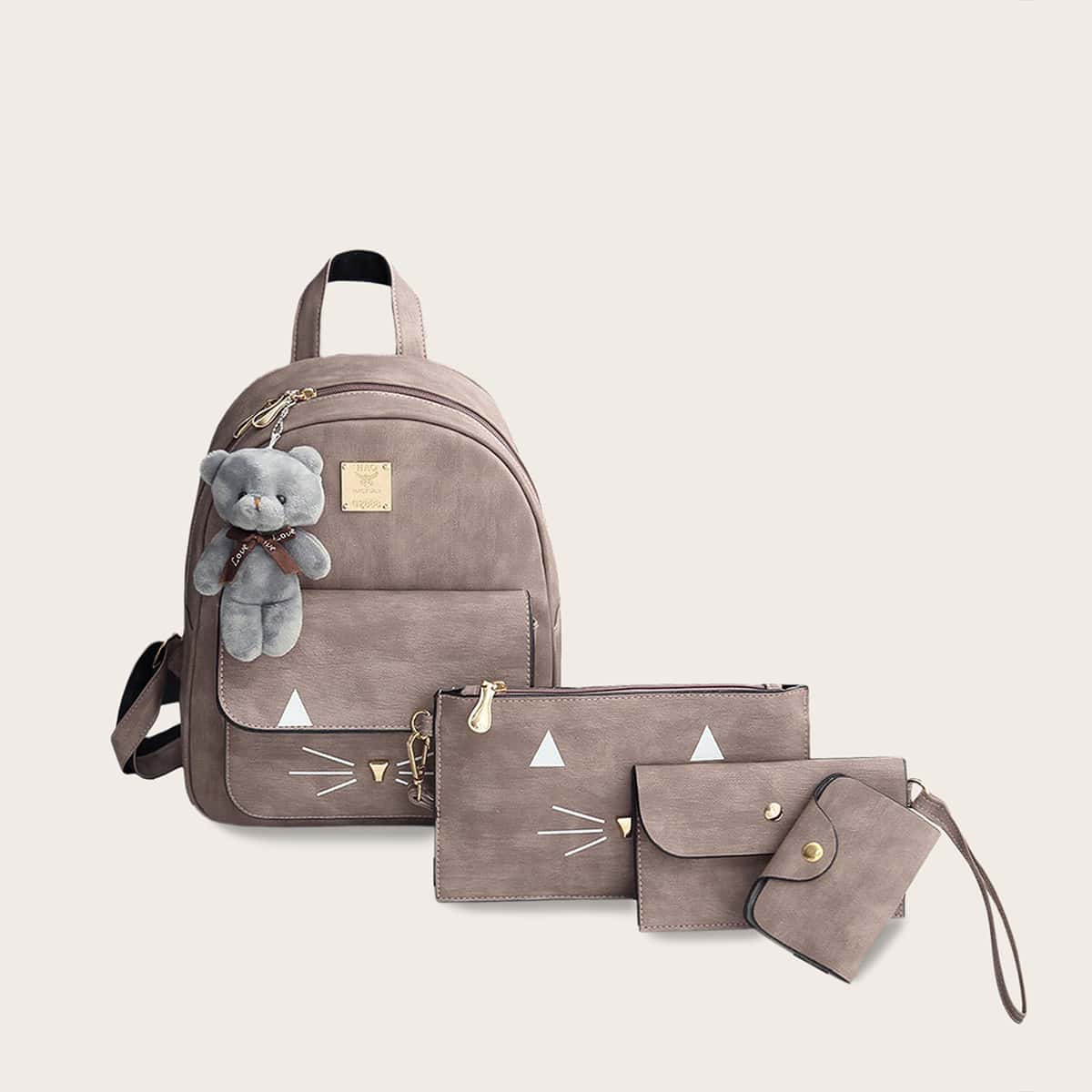 

4pcs Bear Charm Backpack With Card Case, Beige