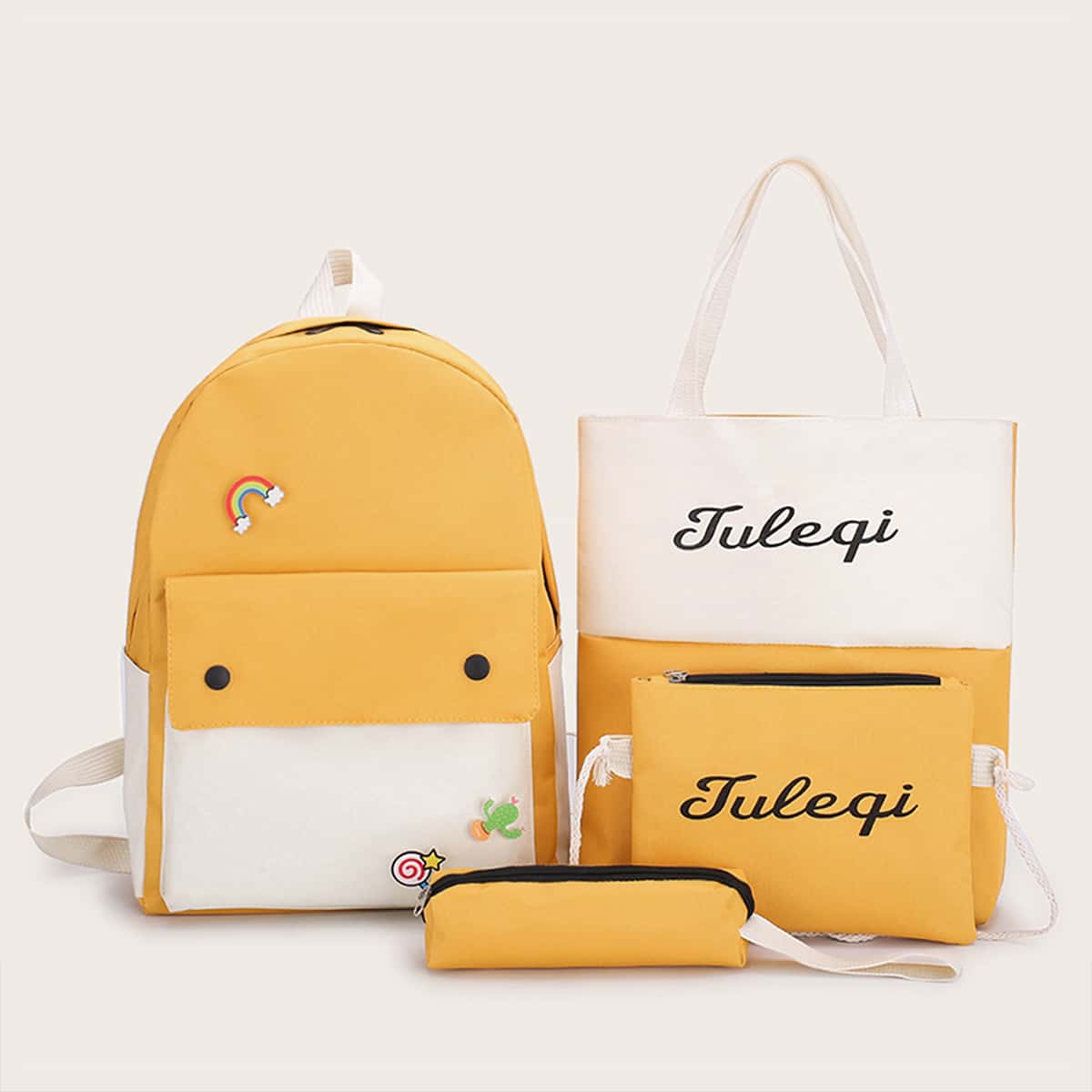 

4pcs Two Tone Backpack With Pencil Case, Yellow