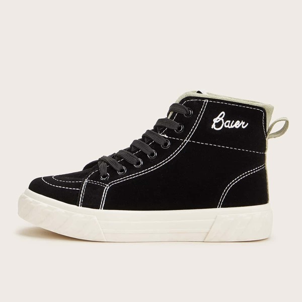 

Lace-up Front Letter Embroidered Detail Sneakers, Black