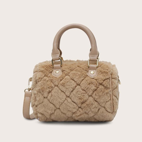 

Faux Fur Fluffy Satchel Bag, Nude