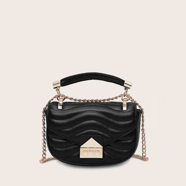 

Stitch Detail Metal Lock Satchel Bag, Black