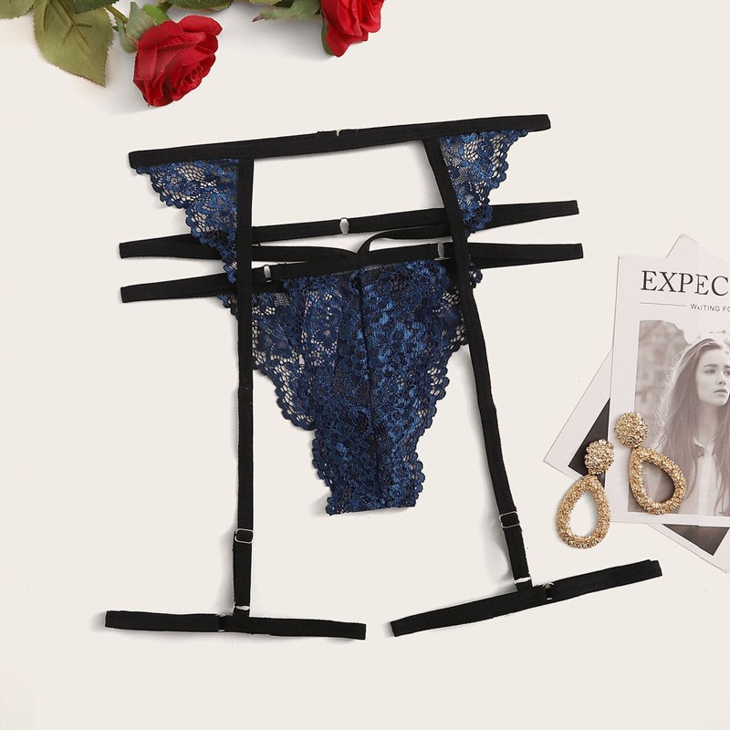 

Floral Lace Panty With Garter, Navy
