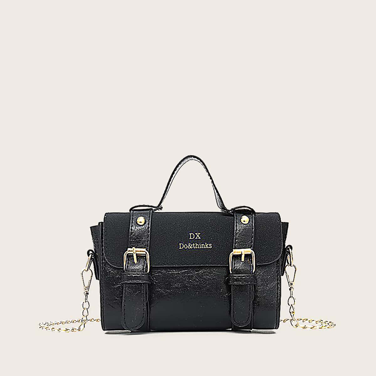 

Double Buckle Strap Satchel Bag, Black